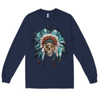 Navy indian headdress with native american skull Long Sleeve Tee - RanaPortraitStore