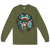 Army Green indian headdress with bull skull Long Sleeve Tee - RanaPortraitStore