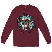 Burgundy indian headdress with bull skull Long Sleeve Tee - RanaPortraitStore