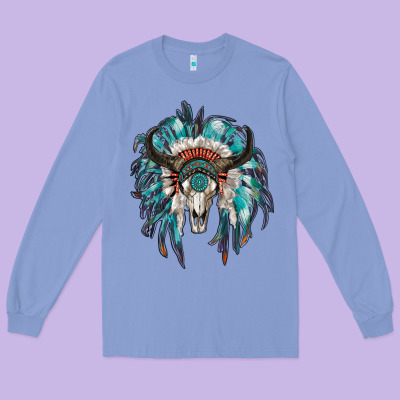 Indian Headdress With Bull Skull Long Sleeve Tee Designed By Ranaportraitstore