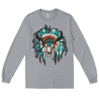 Heather Grey indian headdress with bull skull Long Sleeve Tee - RanaPortraitStore