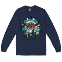 Navy indian headdress with bull skull Long Sleeve Tee - RanaPortraitStore