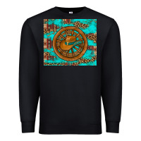 Black cowboy hat turquoise aztec background old wheel Premium Sweatshirt - Artiststas