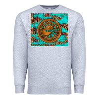 Heather Grey cowboy hat turquoise aztec background old wheel Premium Sweatshirt - Artiststas