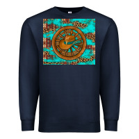 Navy cowboy hat turquoise aztec background old wheel Premium Sweatshirt - Artiststas