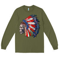 Army Green american indian headdress with skull Long Sleeve Tee - RanaPortraitStore
