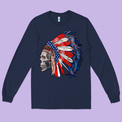 American Indian Headdress With Skull Long Sleeve Tee Designed By Ranaportraitstore