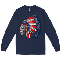 Navy american indian headdress with skull Long Sleeve Tee - RanaPortraitStore