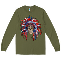 Army Green american flag indian headdress with skull Long Sleeve Tee - RanaPortraitStore