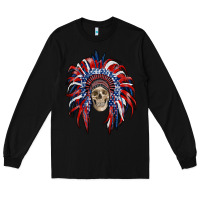 Black american flag indian headdress with skull Long Sleeve Tee - RanaPortraitStore