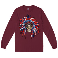 Burgundy american flag indian headdress with skull Long Sleeve Tee - RanaPortraitStore