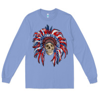 Colony Blue american flag indian headdress with skull Long Sleeve Tee - RanaPortraitStore