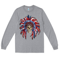 Heather Grey american flag indian headdress with skull Long Sleeve Tee - RanaPortraitStore