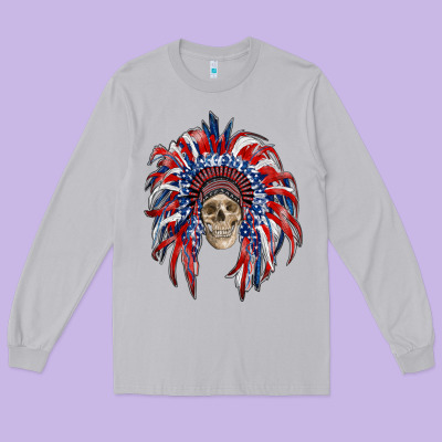American Flag Indian Headdress With Skull Long Sleeve Tee Designed By Ranaportraitstore