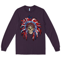 Plum american flag indian headdress with skull Long Sleeve Tee - RanaPortraitStore