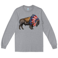 Heather Grey american bison with indian headdress Long Sleeve Tee - RanaPortraitStore