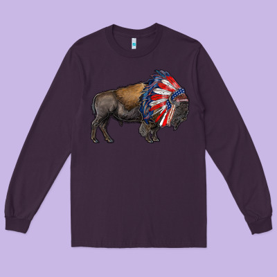 American Bison With Indian Headdress Long Sleeve Tee Designed By Ranaportraitstore