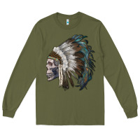 Army Green skull with indian headdress Long Sleeve Tee - RanaPortraitStore