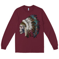 Burgundy skull with indian headdress Long Sleeve Tee - RanaPortraitStore