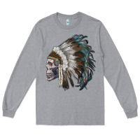 Heather Grey skull with indian headdress Long Sleeve Tee - RanaPortraitStore