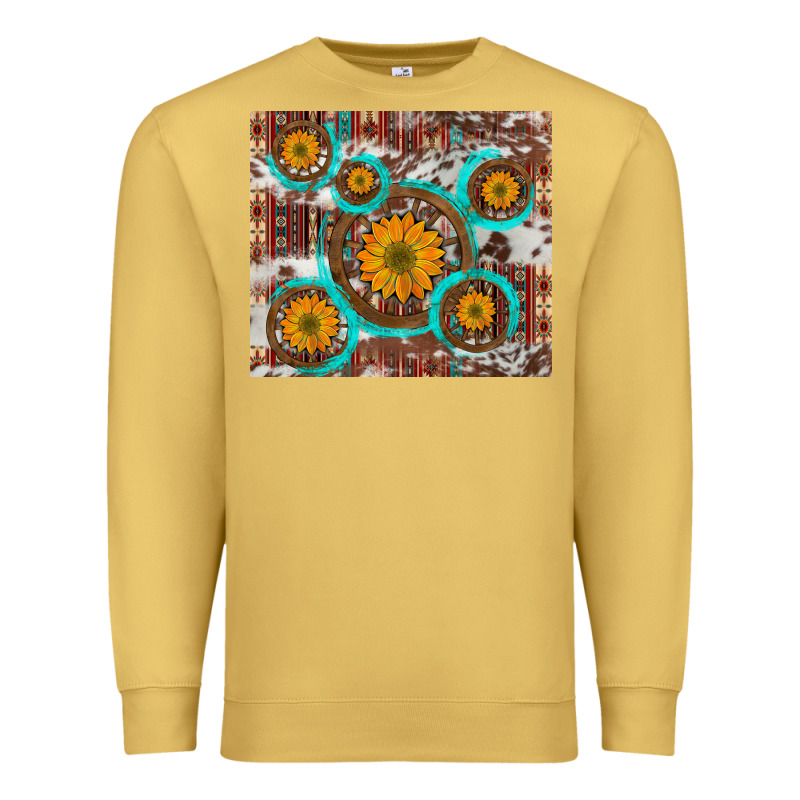 Sunflowers And Western Old Wheel Aztec Cowhide Background Premium Sweatshirt by Artiststas | Teevron