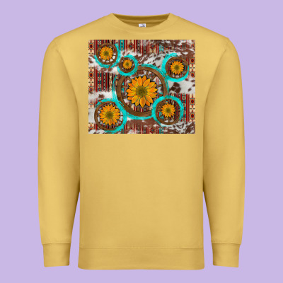 Sunflowers And Western Old Wheel Aztec Cowhide Background Premium Sweatshirt Designed By Artiststas