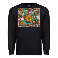 Black sunflowers and western old wheel aztec cowhide background Premium Sweatshirt - Artiststas