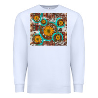 White sunflowers and western old wheel aztec cowhide background Premium Sweatshirt - Artiststas