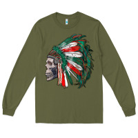 Army Green mexican indian headdress with skull Long Sleeve Tee - RanaPortraitStore