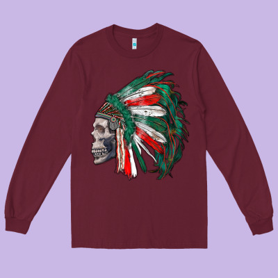 Mexican Indian Headdress With Skull Long Sleeve Tee Designed By Ranaportraitstore