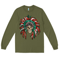 Army Green mexican flag indian headdress with  skull Long Sleeve Tee - RanaPortraitStore