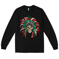 Black mexican flag indian headdress with  skull Long Sleeve Tee - RanaPortraitStore