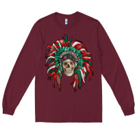 Burgundy mexican flag indian headdress with  skull Long Sleeve Tee - RanaPortraitStore