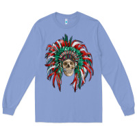 Colony Blue mexican flag indian headdress with  skull Long Sleeve Tee - RanaPortraitStore