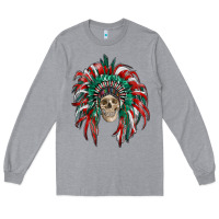 Heather Grey mexican flag indian headdress with  skull Long Sleeve Tee - RanaPortraitStore