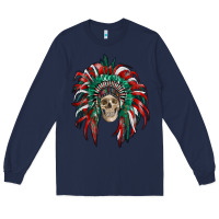 Navy mexican flag indian headdress with  skull Long Sleeve Tee - RanaPortraitStore