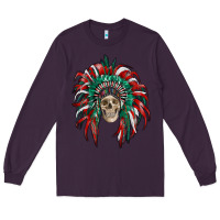 Plum mexican flag indian headdress with  skull Long Sleeve Tee - RanaPortraitStore