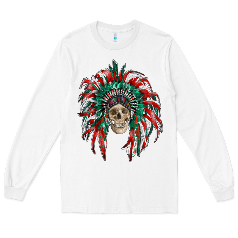 Mexican Flag Indian Headdress With  Skull Long Sleeve Tee by RanaPortraitStore | Teevron
