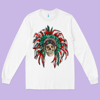 Mexican Flag Indian Headdress With  Skull Long Sleeve Tee Designed By Ranaportraitstore