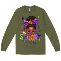Army Green Halloween Afro Messy Bun Spooky Mama Long Sleeve Tee - texasbilliewilder