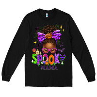 Black Halloween Afro Messy Bun Spooky Mama Long Sleeve Tee - texasbilliewilder