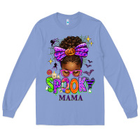 Colony Blue Halloween Afro Messy Bun Spooky Mama Long Sleeve Tee - texasbilliewilder