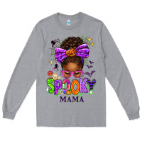 Heather Grey Halloween Afro Messy Bun Spooky Mama Long Sleeve Tee - texasbilliewilder