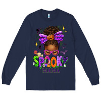 Navy Halloween Afro Messy Bun Spooky Mama Long Sleeve Tee - texasbilliewilder