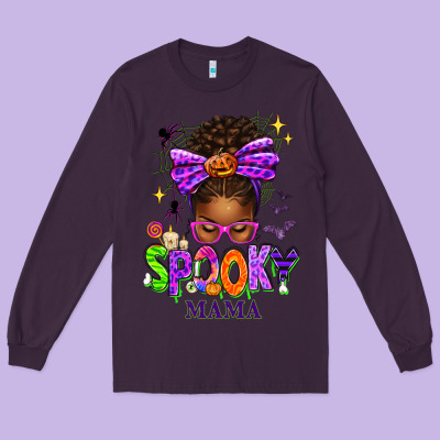 Halloween Afro Messy Bun Spooky Mama Long Sleeve Tee Designed By Texasbilliewilder