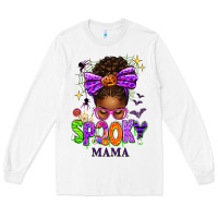 White Halloween Afro Messy Bun Spooky Mama Long Sleeve Tee - texasbilliewilder