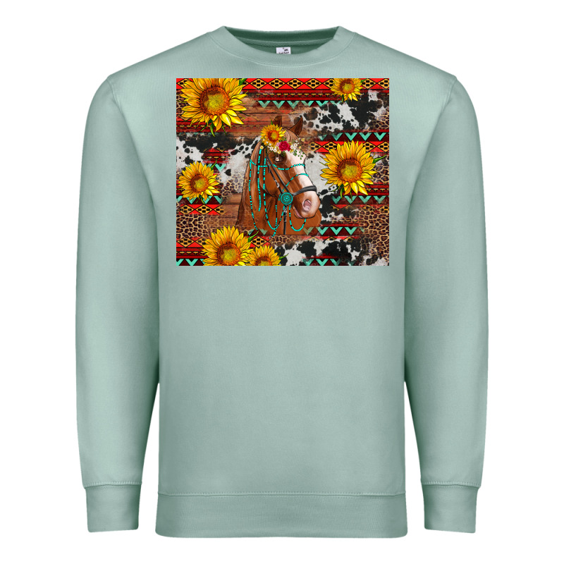 Western Horse With Sunflowers And Aztec Leopard Cowhide Premium Sweatshirt by Artiststas | Teevron