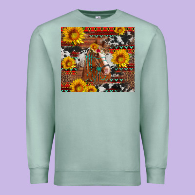 Western Horse With Sunflowers And Aztec Leopard Cowhide Premium Sweatshirt Designed By Artiststas