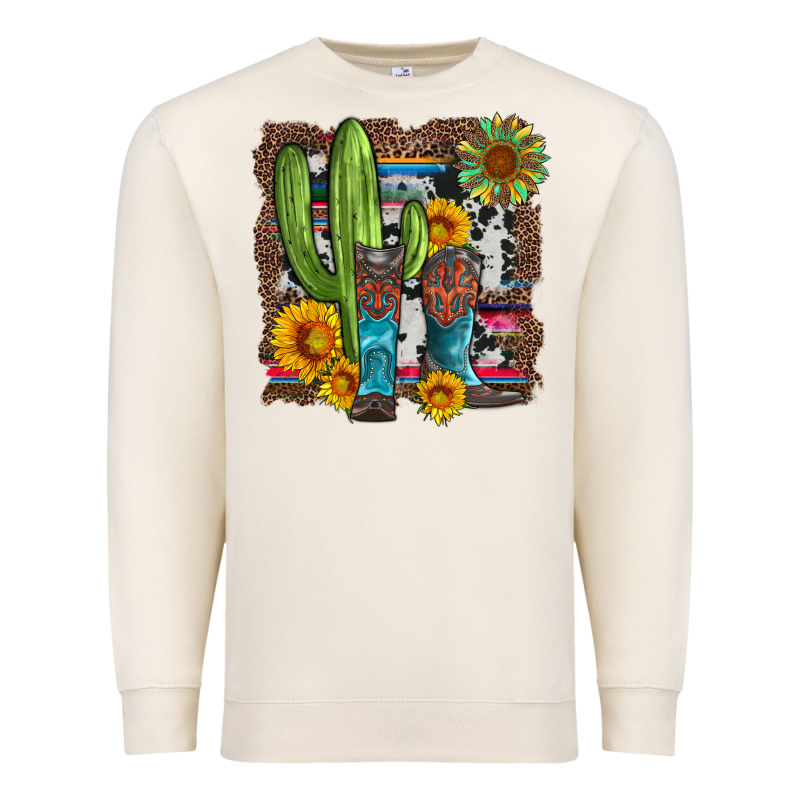 Western Cactus With Cowboy Boots And Sunflowers Premium Sweatshirt by Artiststas | Teevron