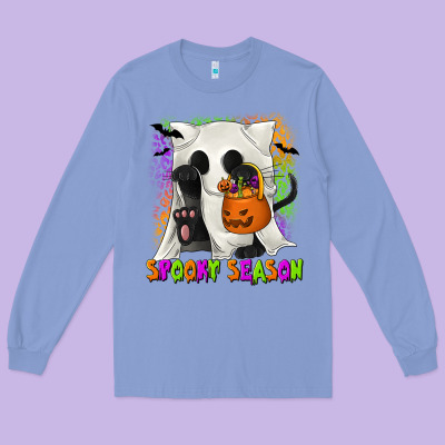Spooky Season Ghost Cat Long Sleeve Tee Designed By Texasbilliewilder